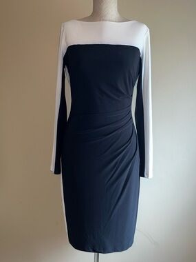 Chaps Black and White Long-Sleeve Sheath Dress